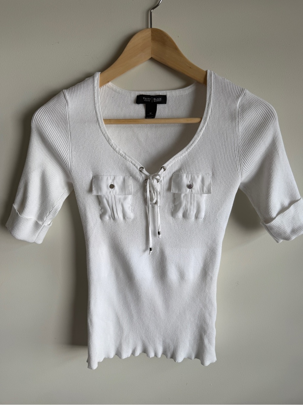 Y2K White House Black Market White Lace-Up Ribbed Short Sleeve Top